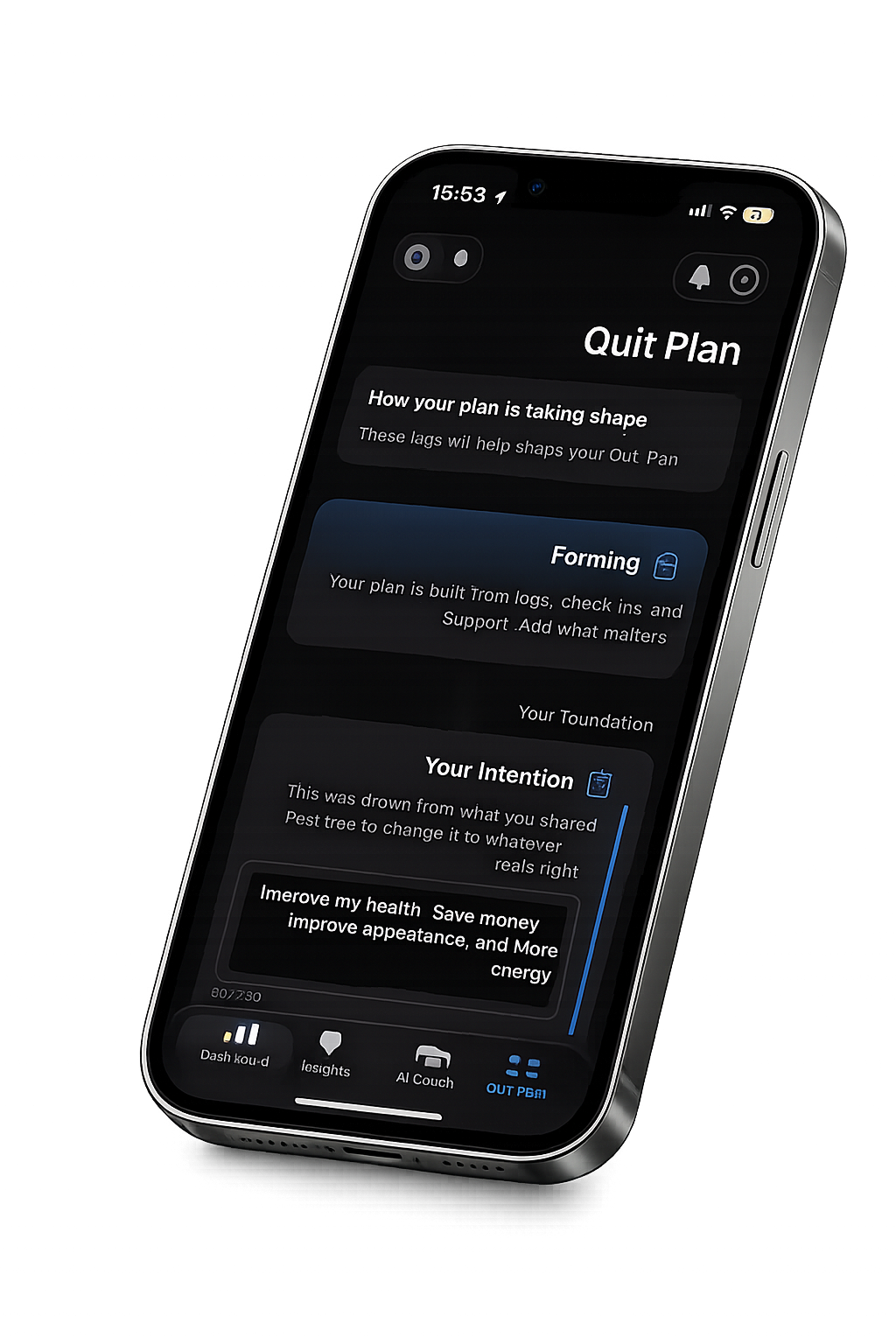 StopIt app on iPhone showing the Quit Plan screen with your intention and foundation cards.